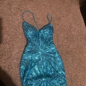 Sparkling Blue Sequin Prom Dress - adjustable straps- backless- long